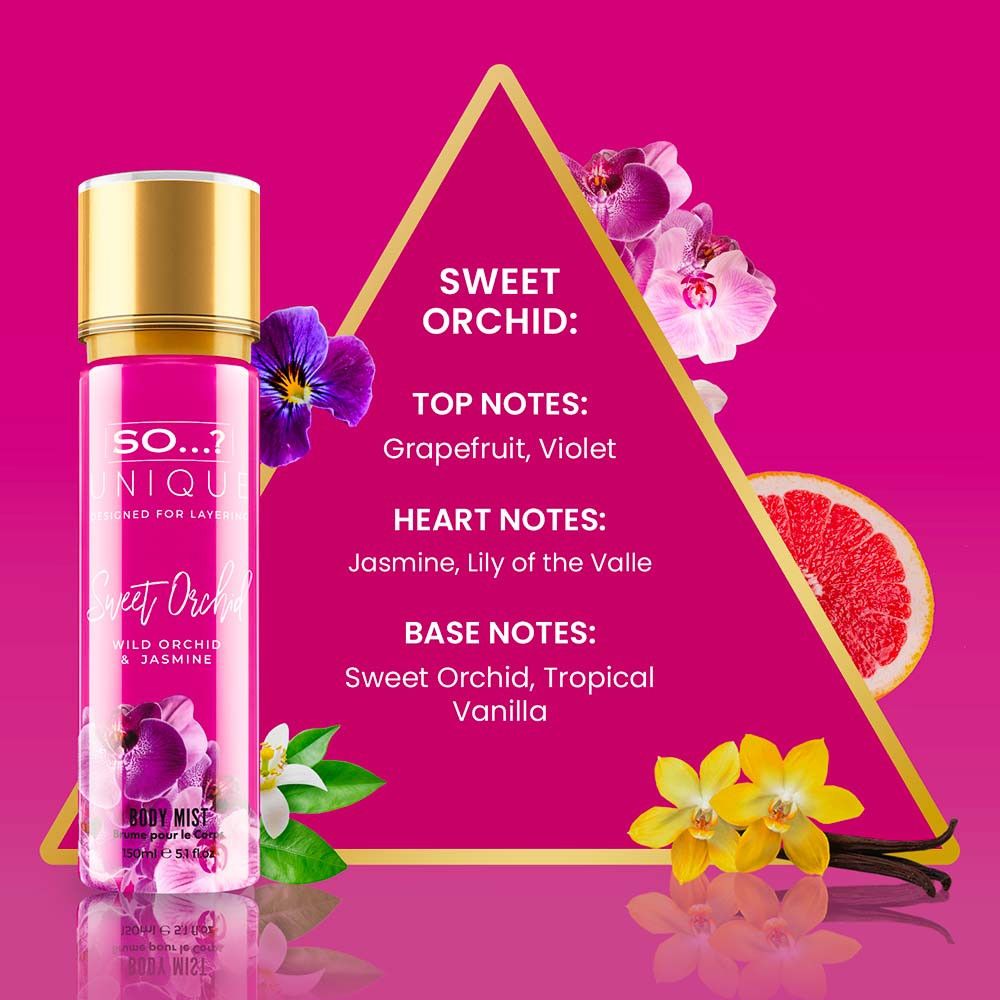 Körperspray, pinke Flasche mit goldfarbenem Deckel. Text: So Unique, Sweet Orchid, Duftnoten.
