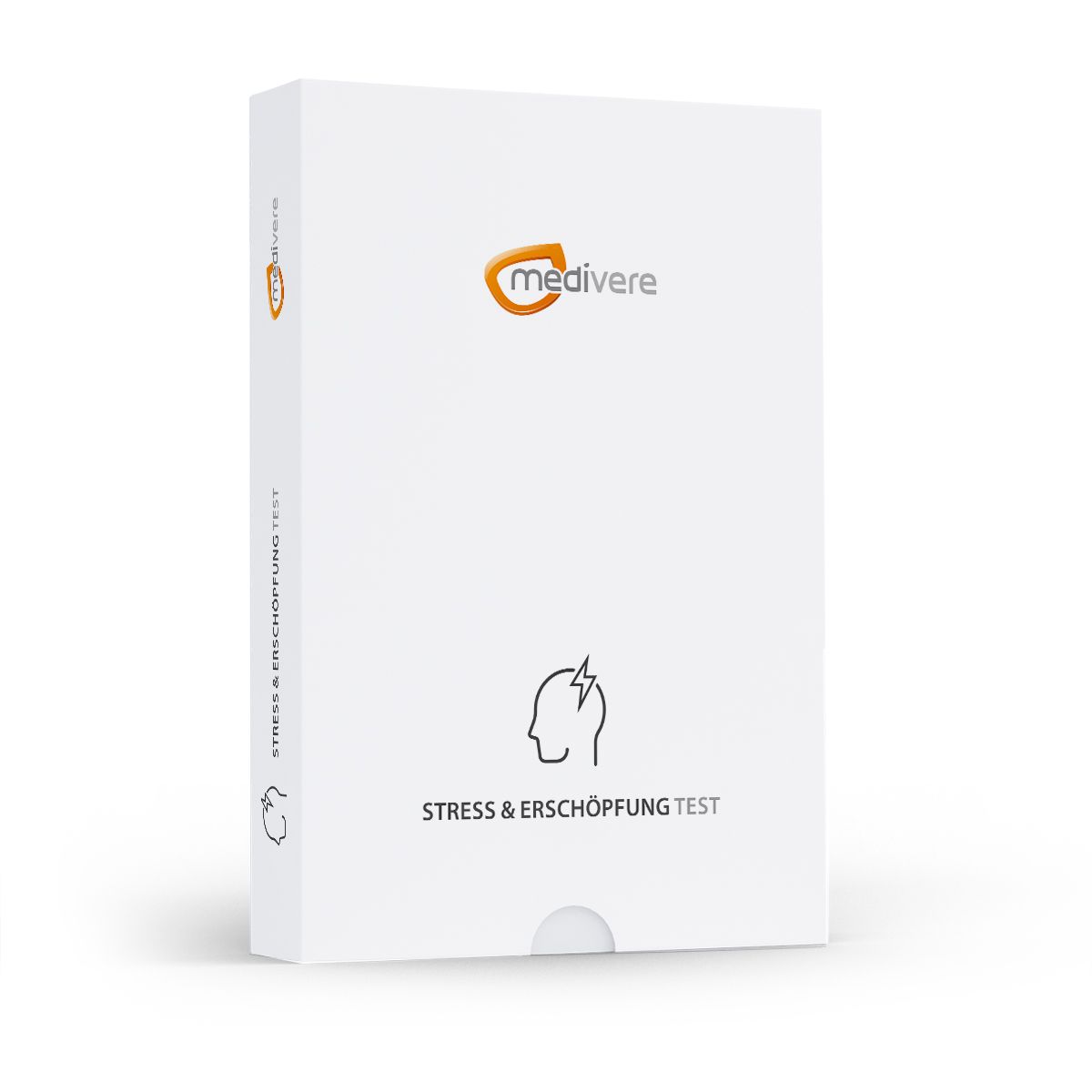Weiße Box mit "medivere" Logo und "STRESS & ERSCHÖPFUNG TEST" Schriftzug. Illustration eines Kopfes mit Blitz.