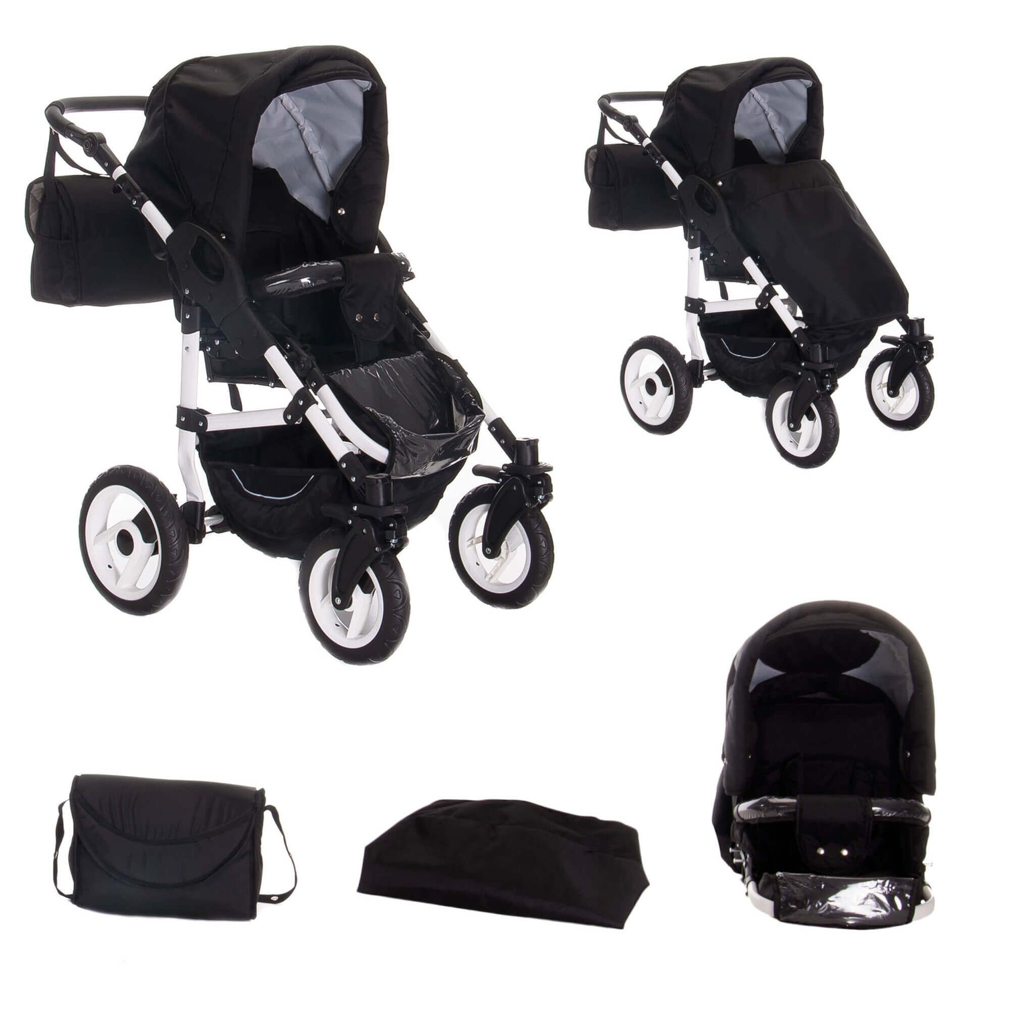 Kinderwagen-Set. Schwarz mit weißen Akzenten. Enthält Sportsitz, Wickeltasche und Zubehör.
