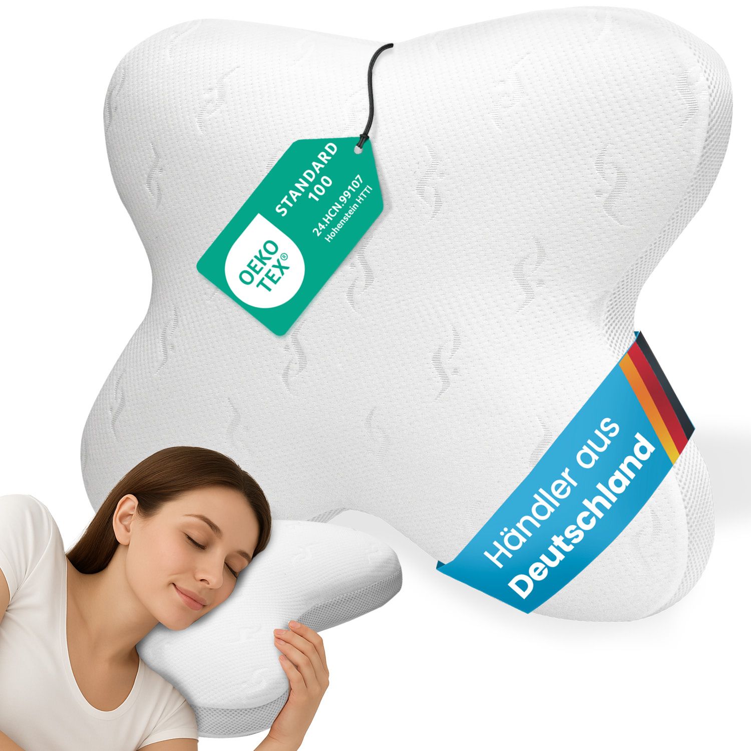 Weißes Schmetterlingskissen mit Oeko-Tex-Zertifikat. Frau schläft auf dem Kissen. Label "Händler aus Deutschland".