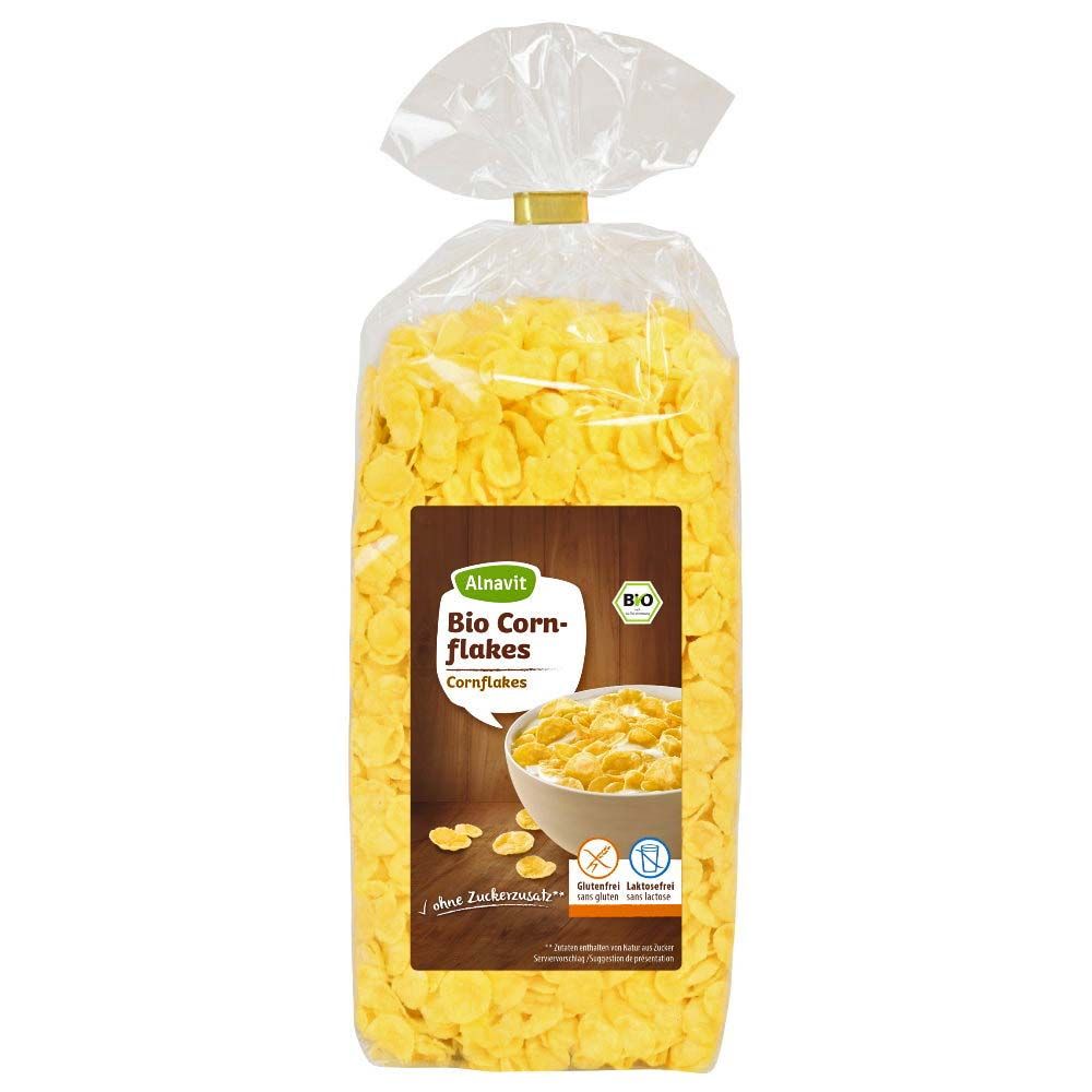 Verpackung mit Bio-Cornflakes. Aufdruck: Alnavit Bio Cornflakes, glutenfrei, ohne Zuckerzusatz. Transparente Verpackung.