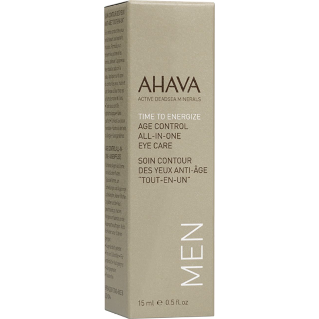 Produktverpackung AHAVA TIME TO ENERGIZE AGE CONTROL ALL-IN-ONE EYE CARE. Aufschrift MEN. Beige Verpackung.