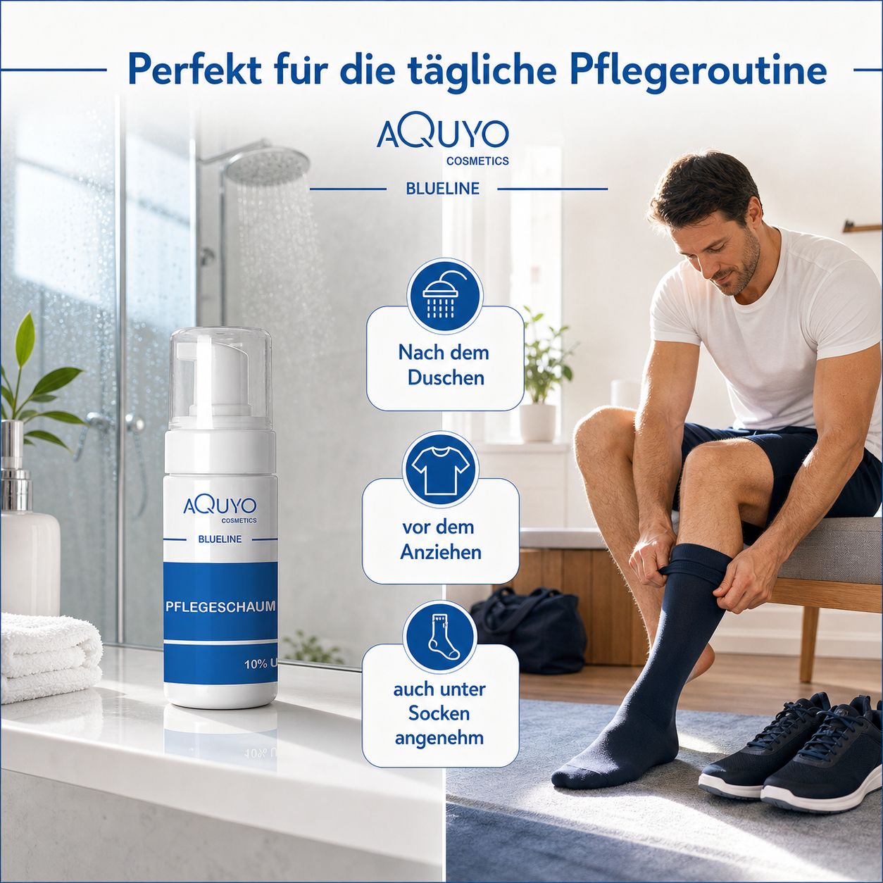 Mann zieht Socken an. Flasche Blueline Pflegeschaum 10% Urea. Text: Perfekt für die tägliche Pflegeroutine. Nach dem Duschen.
