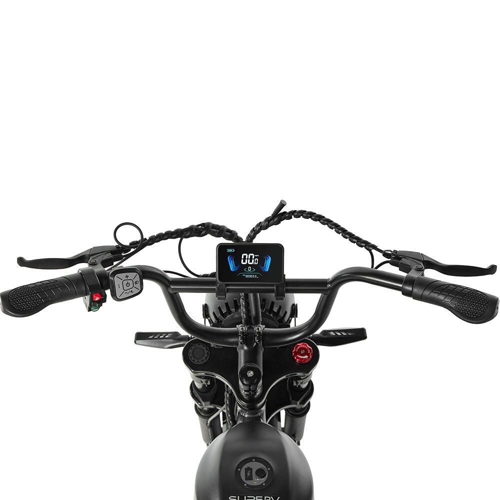 Ansicht des Lenkers. Schwarzer Lenker mit Bedienelementen und Display. Beleuchtung und Blinker.