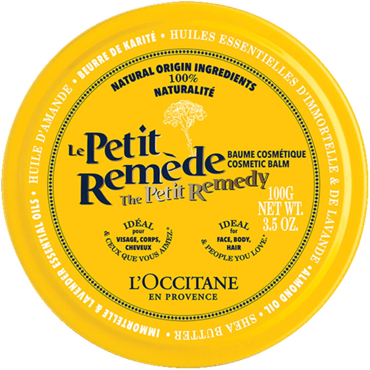 Gelbe Dose mit Aufschrift "Le Petit Remède". Text: "Baume cosmétique", "100% naturalité", "L'Occitane".