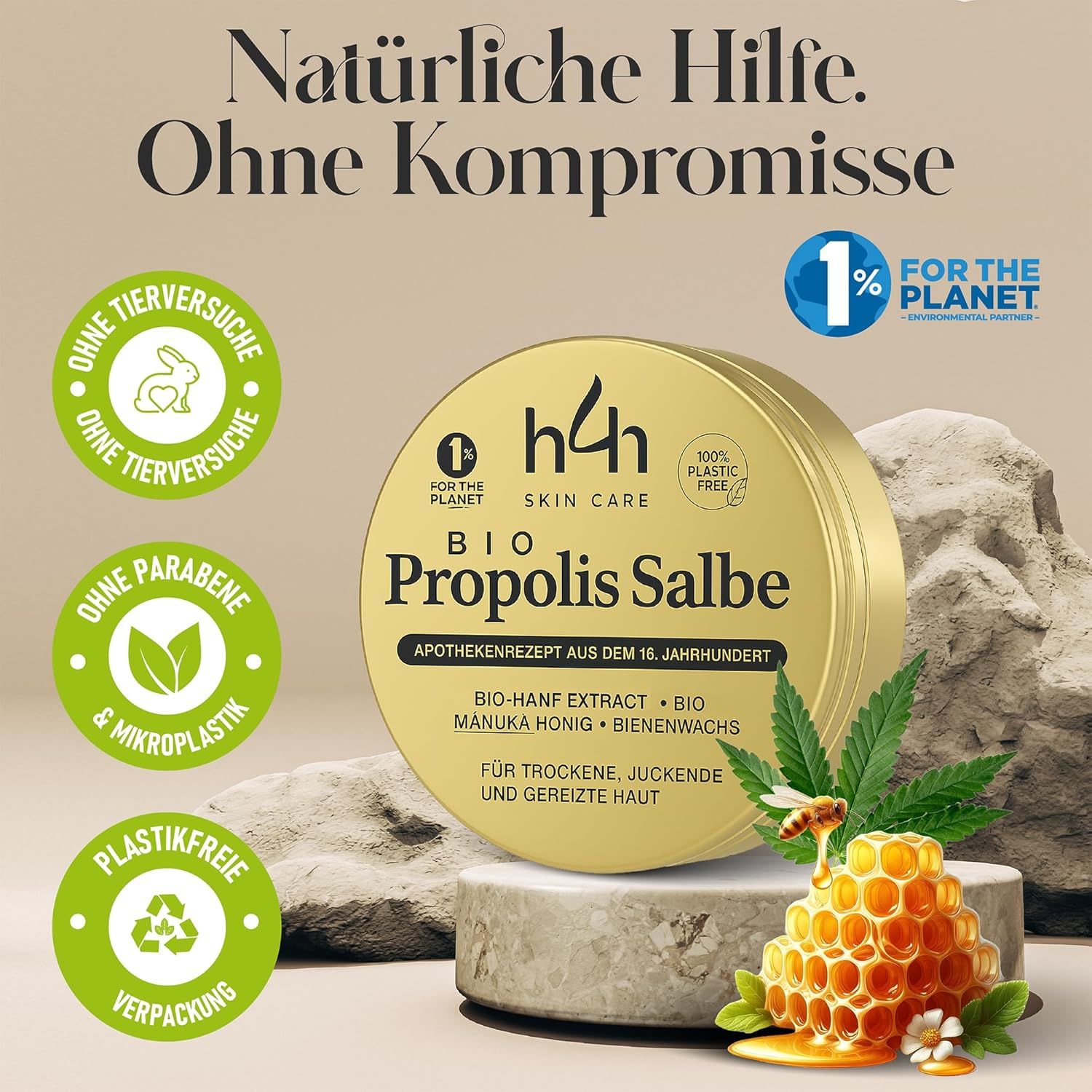 Goldene Dose mit Text: 'h4h SKIN CARE BIO Propolis Salbe'. Text: 'Für trockene, juckende und gereizte Haut'. Zertifizierungen.