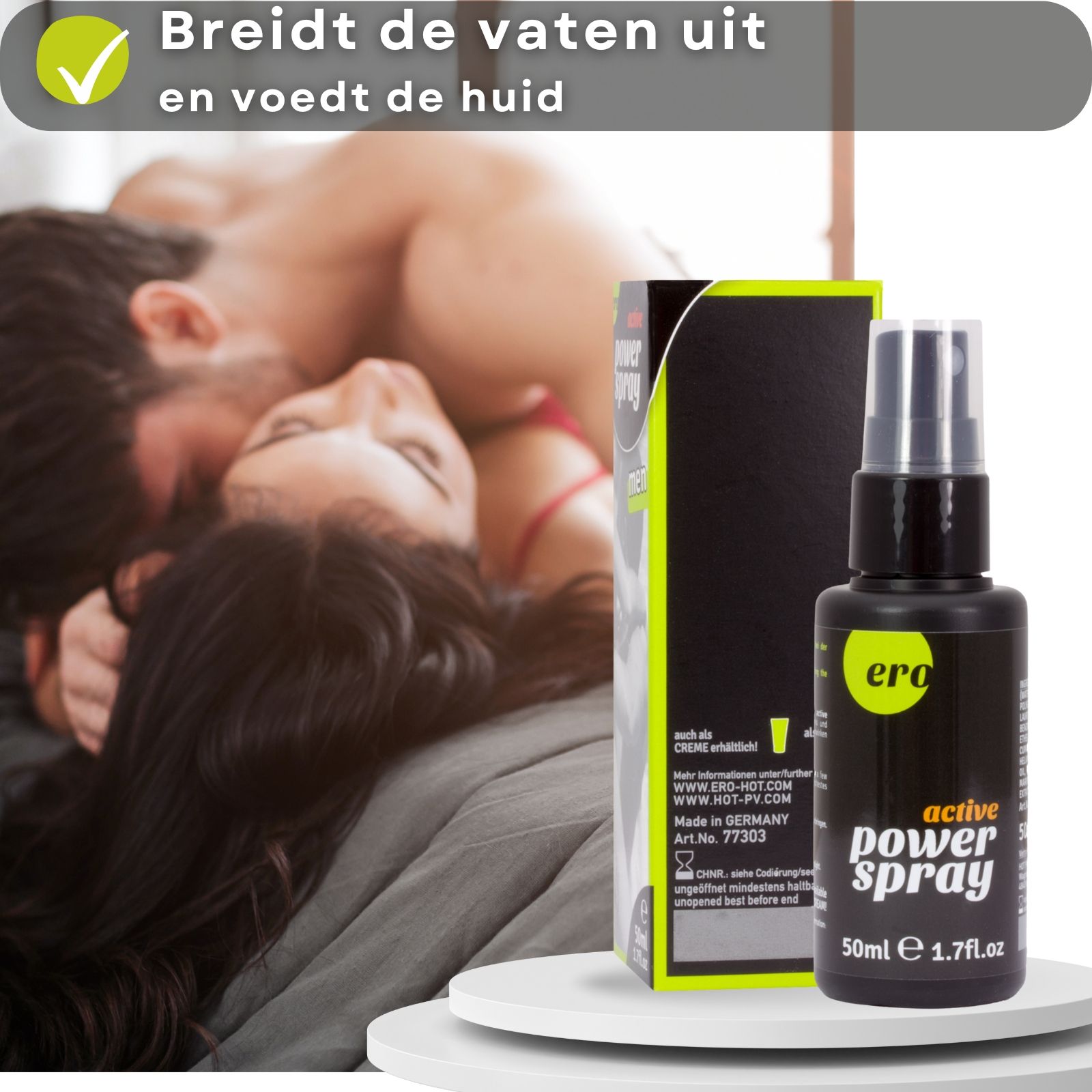 Ero Power Spray fles en verpakking. Paar op de achtergrond. Tekst met groene vinkjes.