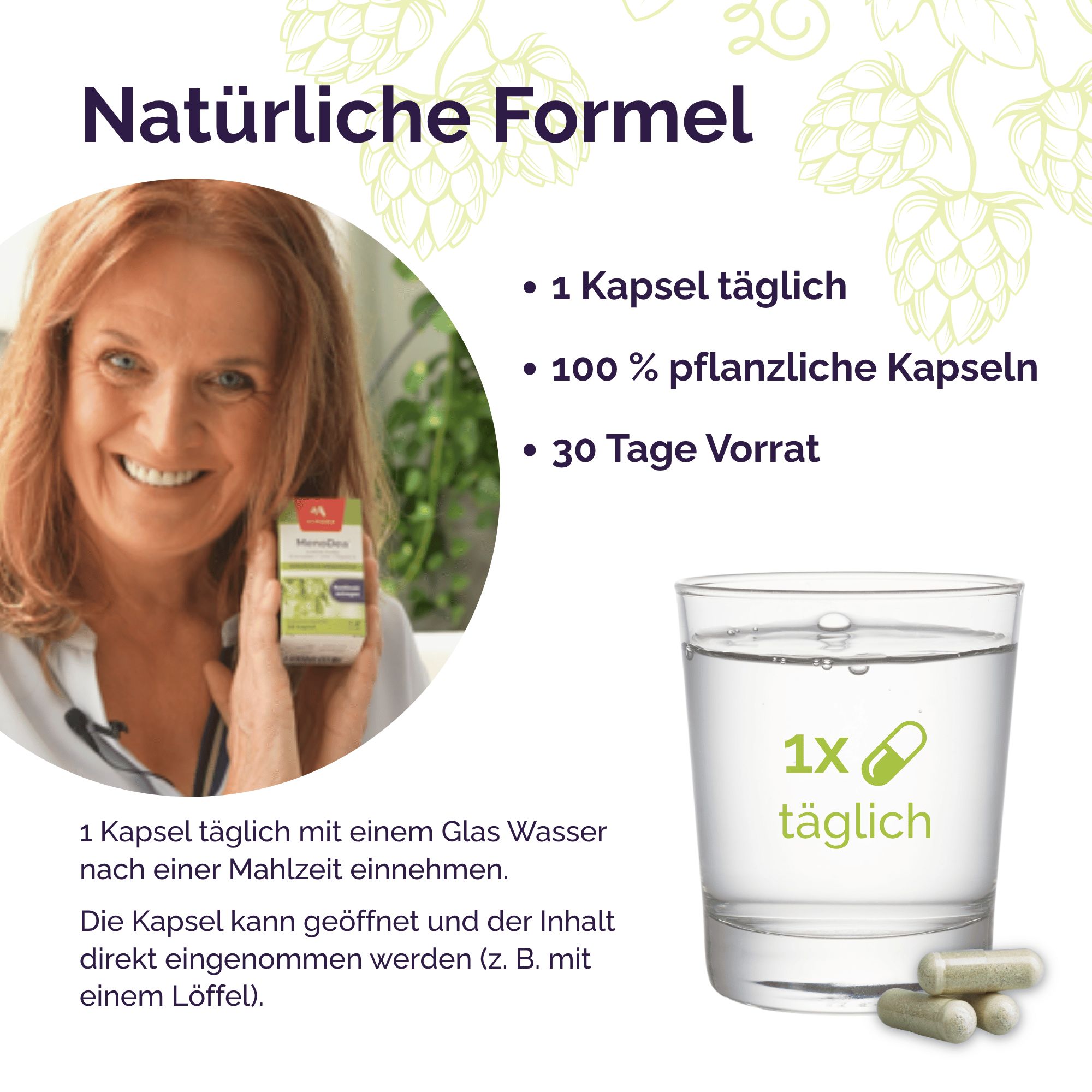 Frau hält Almadea MenoDea Packung. 1 Kapsel täglich, 100% pflanzliche Kapseln, 30 Tage Vorrat. Kapseln neben Glas Wasser.