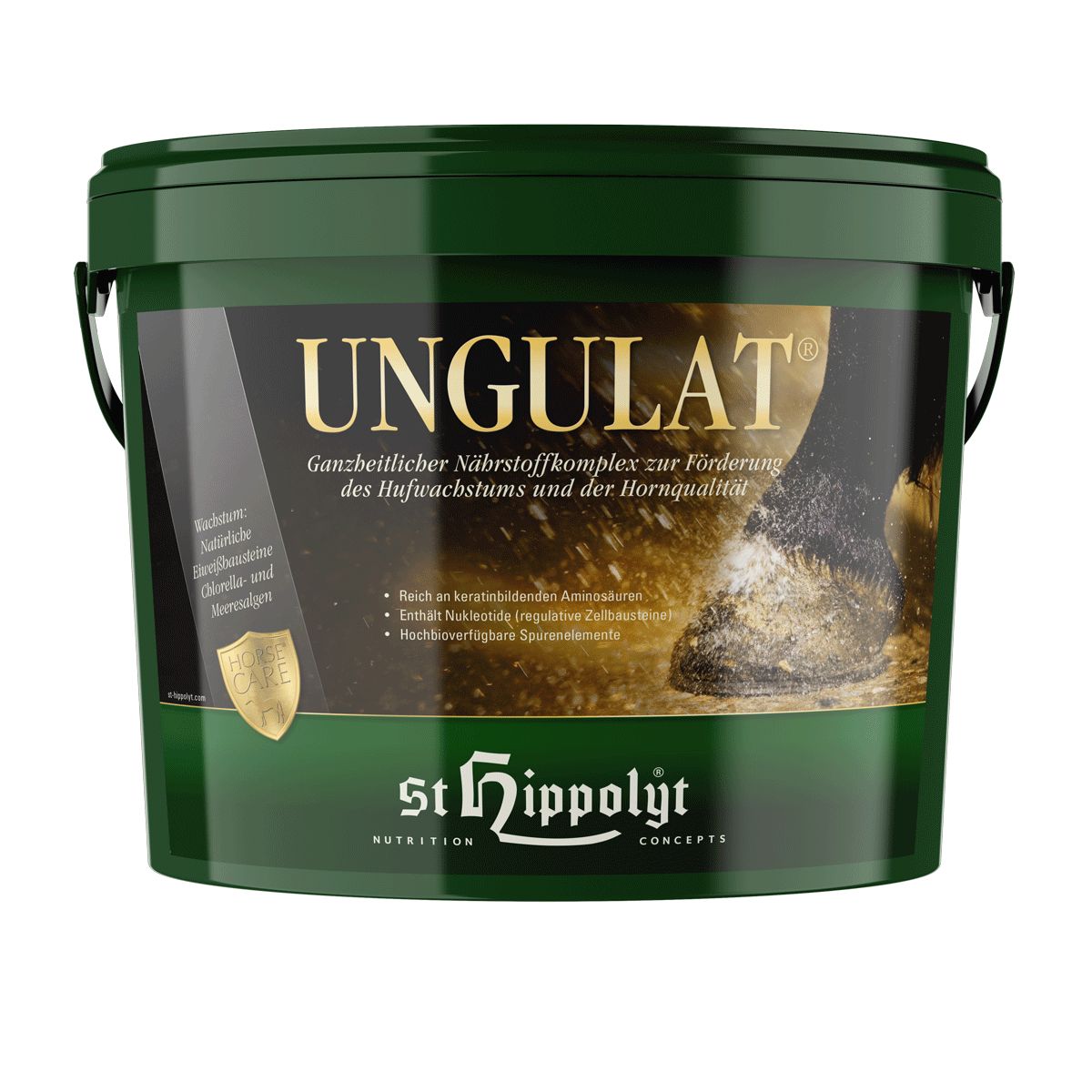 Grüner Eimer mit Produktnamen UNGULAT und Logo. Goldfarbene Details.