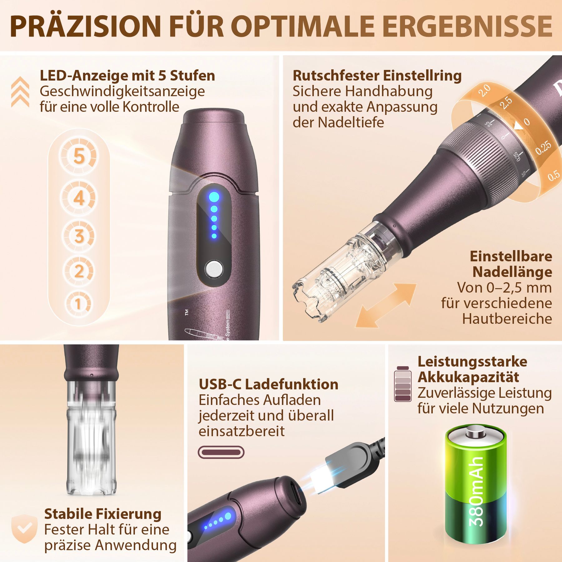 Lila Derma-Pen mit LED-Anzeige, einstellbarer Nadellänge von 0-2,5 mm, USB-C-Ladefunktion und 380mAh Akku.