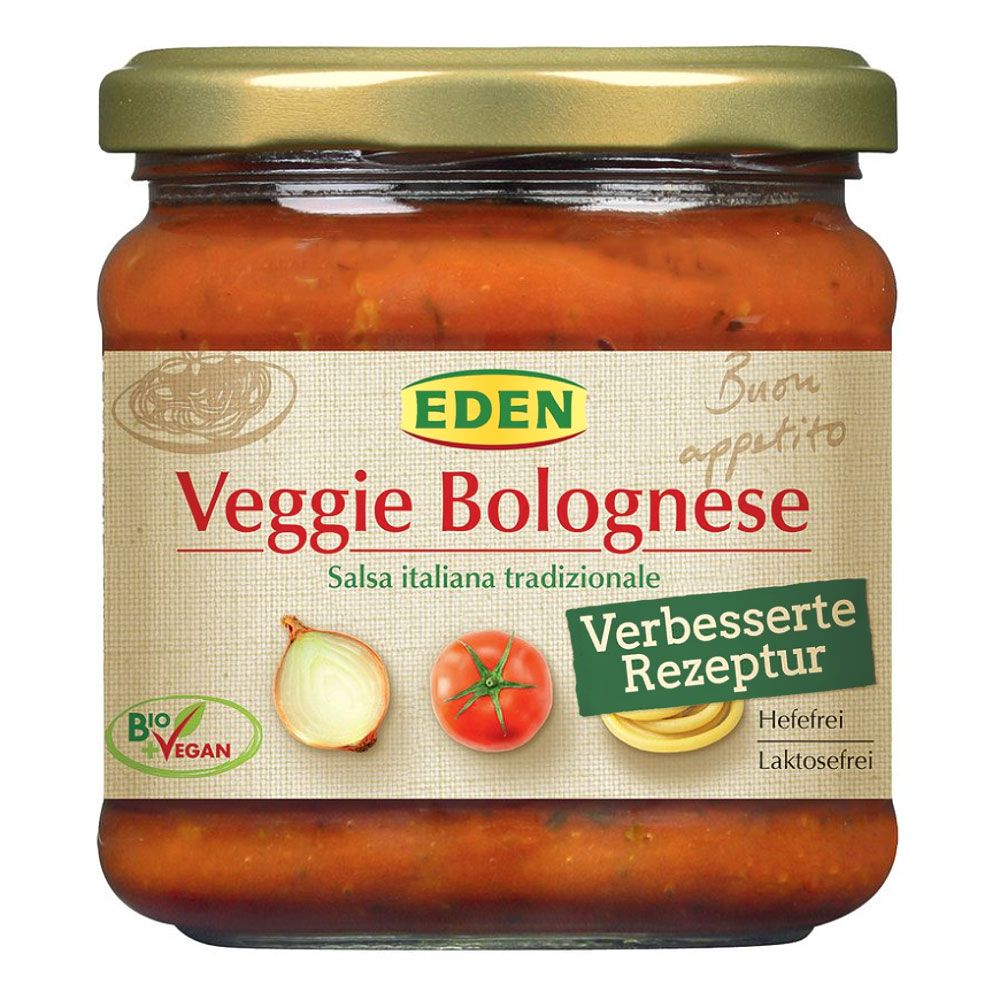 Glas mit Eden Veggie Bolognese. Auf dem Etikett: "Veggie Bolognese", "Salsa italiana tradizionale", Bio-Siegel, und Illustrationen.