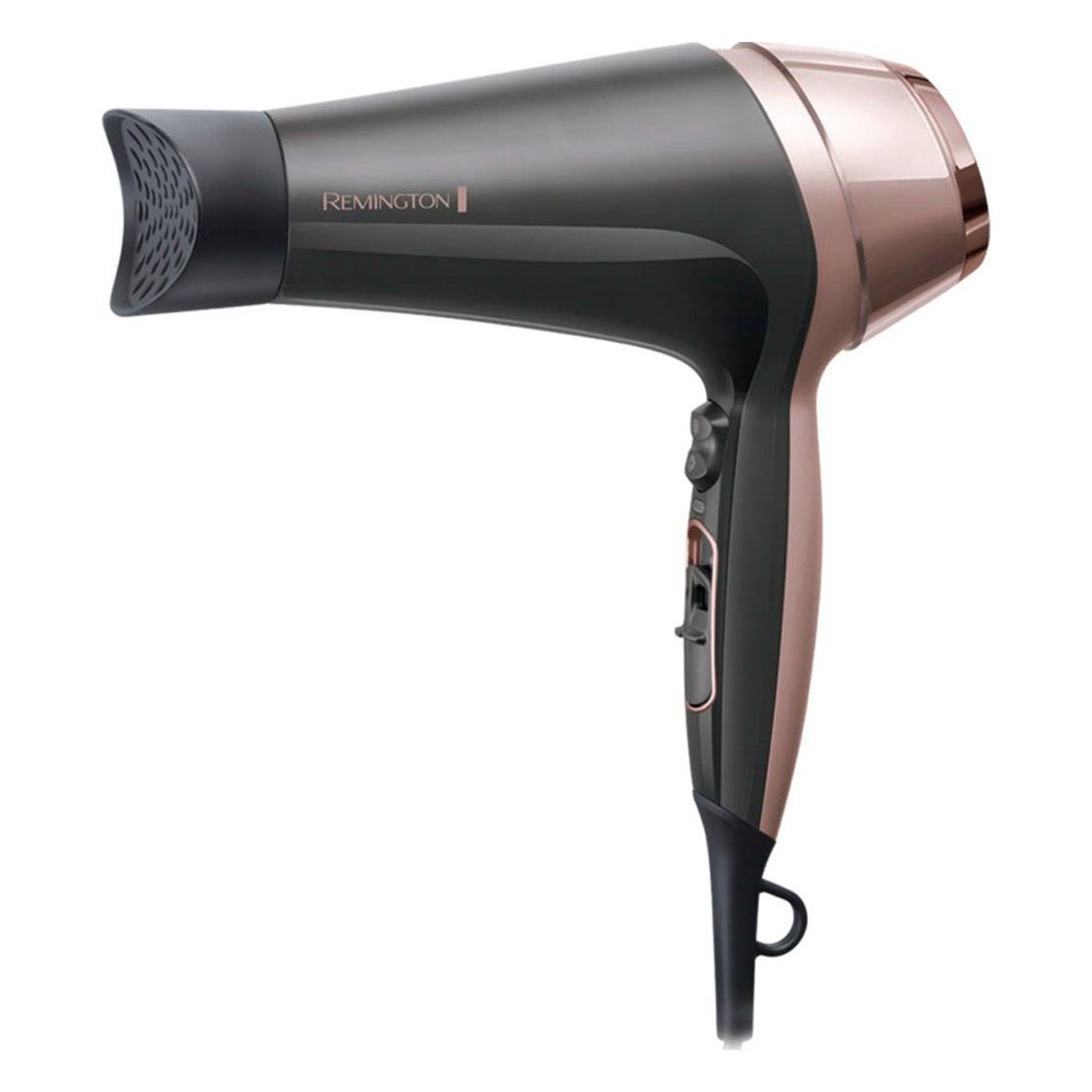 Frau mit Haartrockner und Rundbürste. Haartrockner mit Remington-Logo. Schwarzer Haartrockner, roségoldfarben.