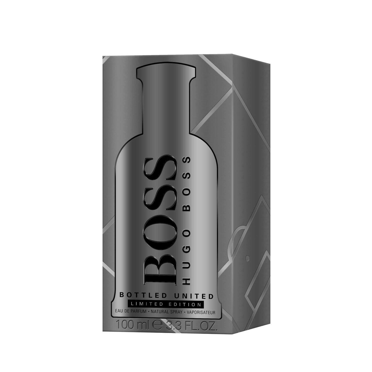 Verpackung für BOSS Bottled United Limited Edition. Silberfarben. BOSS-Logo, Hugo Boss. 100 ml.