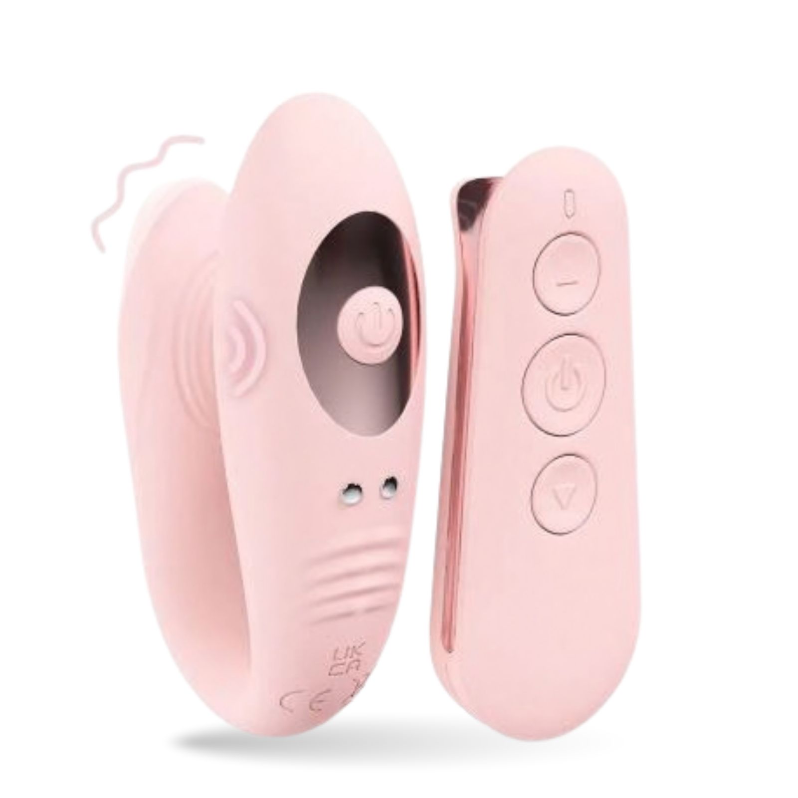 Rosa Partner-Vibrator und Fernbedienung. Vibrator mit zwei Knöpfen. Fernbedienung mit drei Knöpfen.