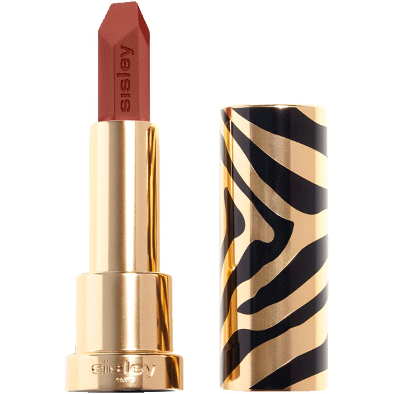 Lippenstift mit goldfarbener Hülse und Zebra-Muster. Der Lippenstift ist geöffnet und zeigt eine rote Mine mit dem Markennamen.