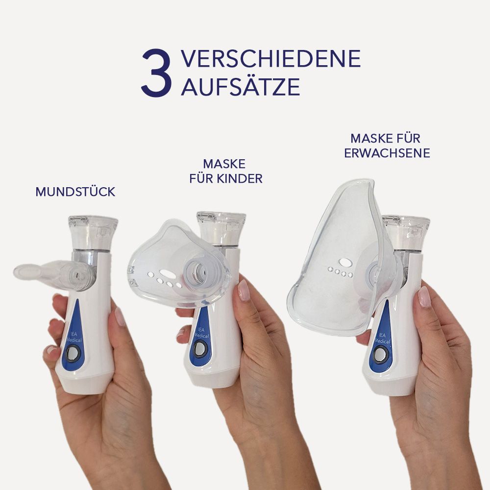 Drei Aufsätze für Inhalationsgerät: Mundstück, Maske für Kinder, Maske für Erwachsene. Verschiedene Aufsätze.
