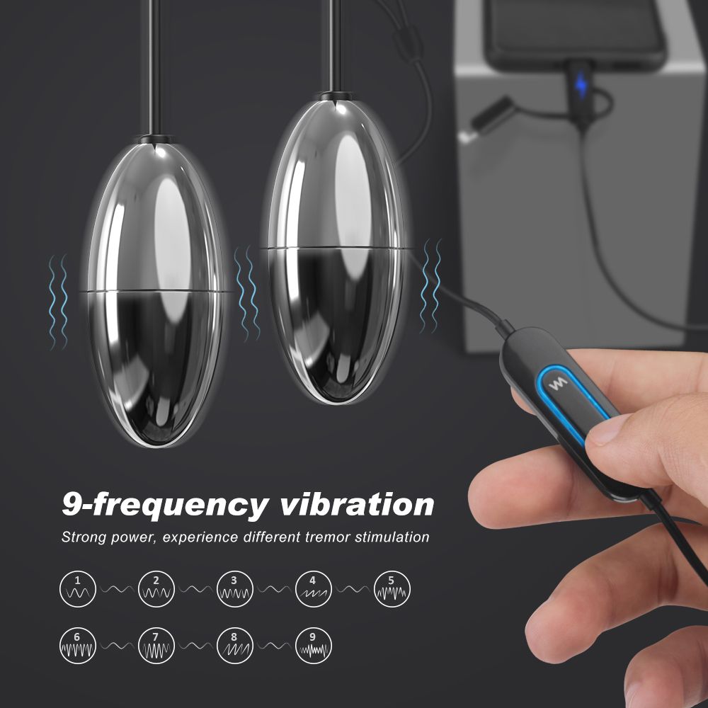 Zwei metallische, ovale Objekte mit Kabeln. Ein Steuerungsteil mit Tasten. Text: 9-frequency vibration.