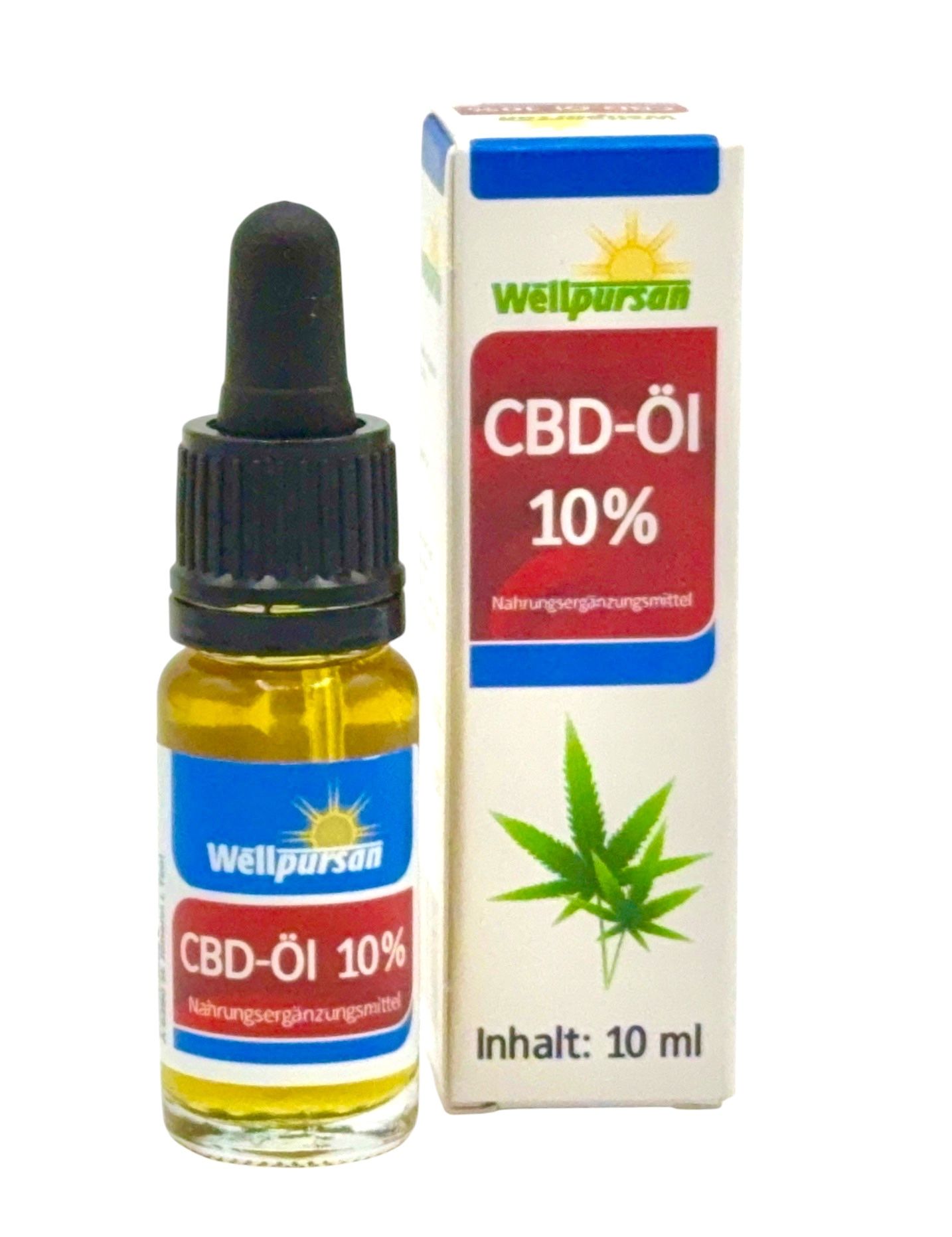 Braune Glasflasche mit Tropfer und Verpackung. Aufschrift: Wellpursan CBD-Öl 10%.