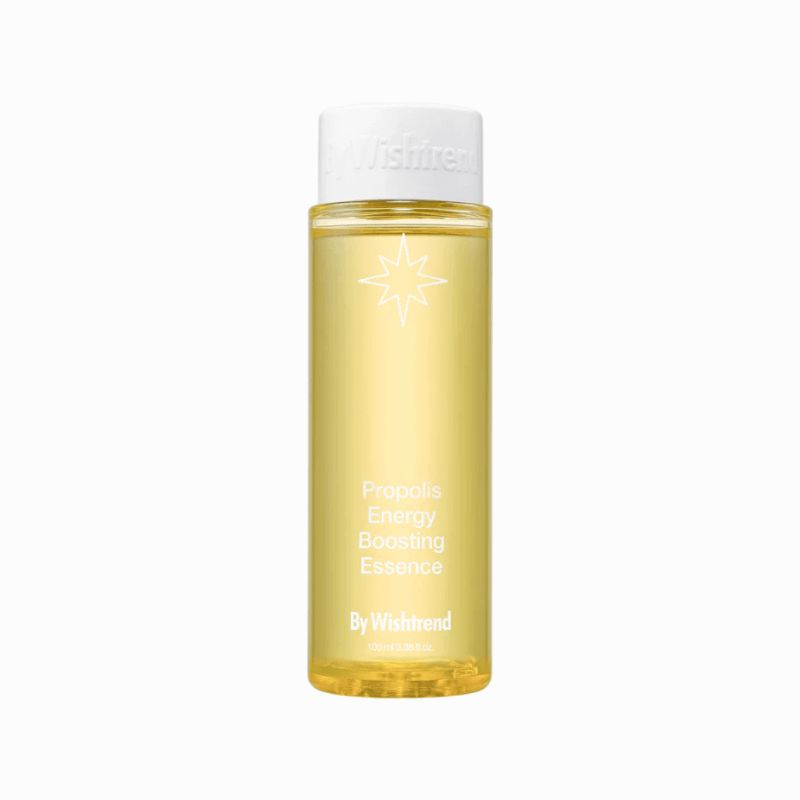 Zylindrische Flasche mit gelber Flüssigkeit. Weißer Deckel. Aufschrift: Propolis Energy Boosting Essence, By Wishtrend.
