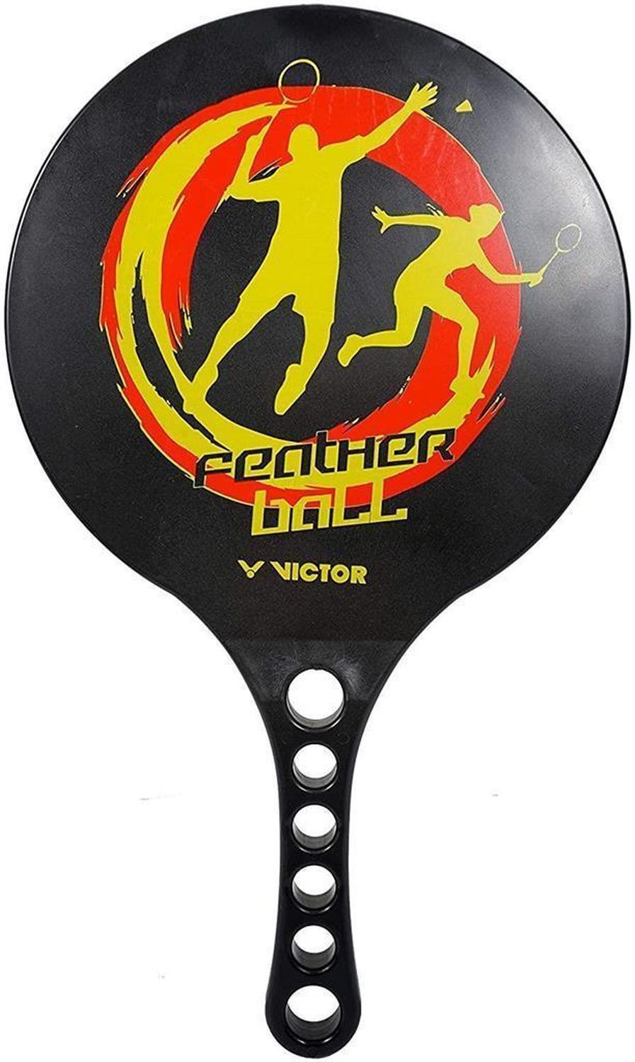 Schwarzer Federballschläger mit gelbem und rotem Logo. Griff mit Löchern. Aufschrift: Feather Ball, Victor.