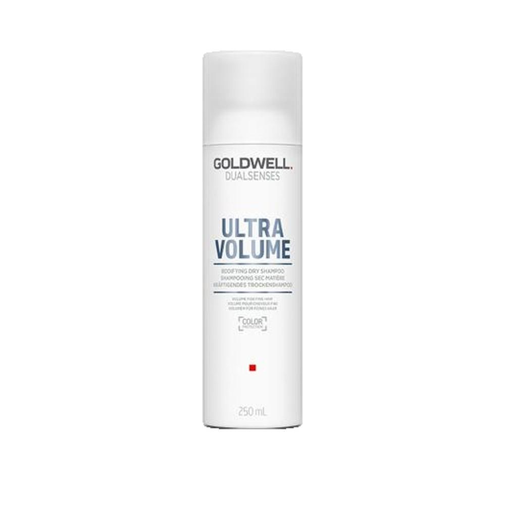 Weißes Spraydose mit weißem Deckel. Aufschrift: GOLDWELL, ULTRA VOLUME. Roter Punkt unten, 250ml.