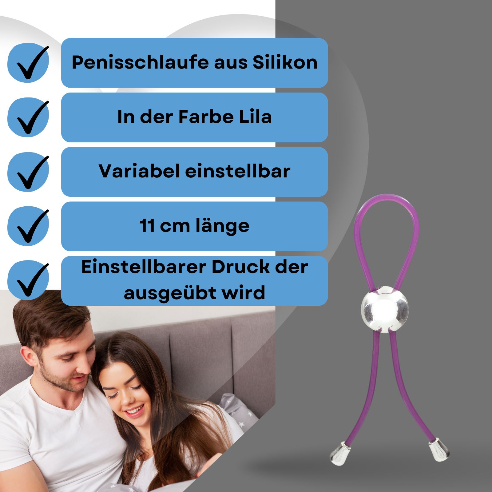 Penisschlaufe aus Silikon, lila, mit silberfarbenem Element. Paar im Hintergrund, Text: Penisschlaufe, lila, variabel einstellbar, 11 cm.