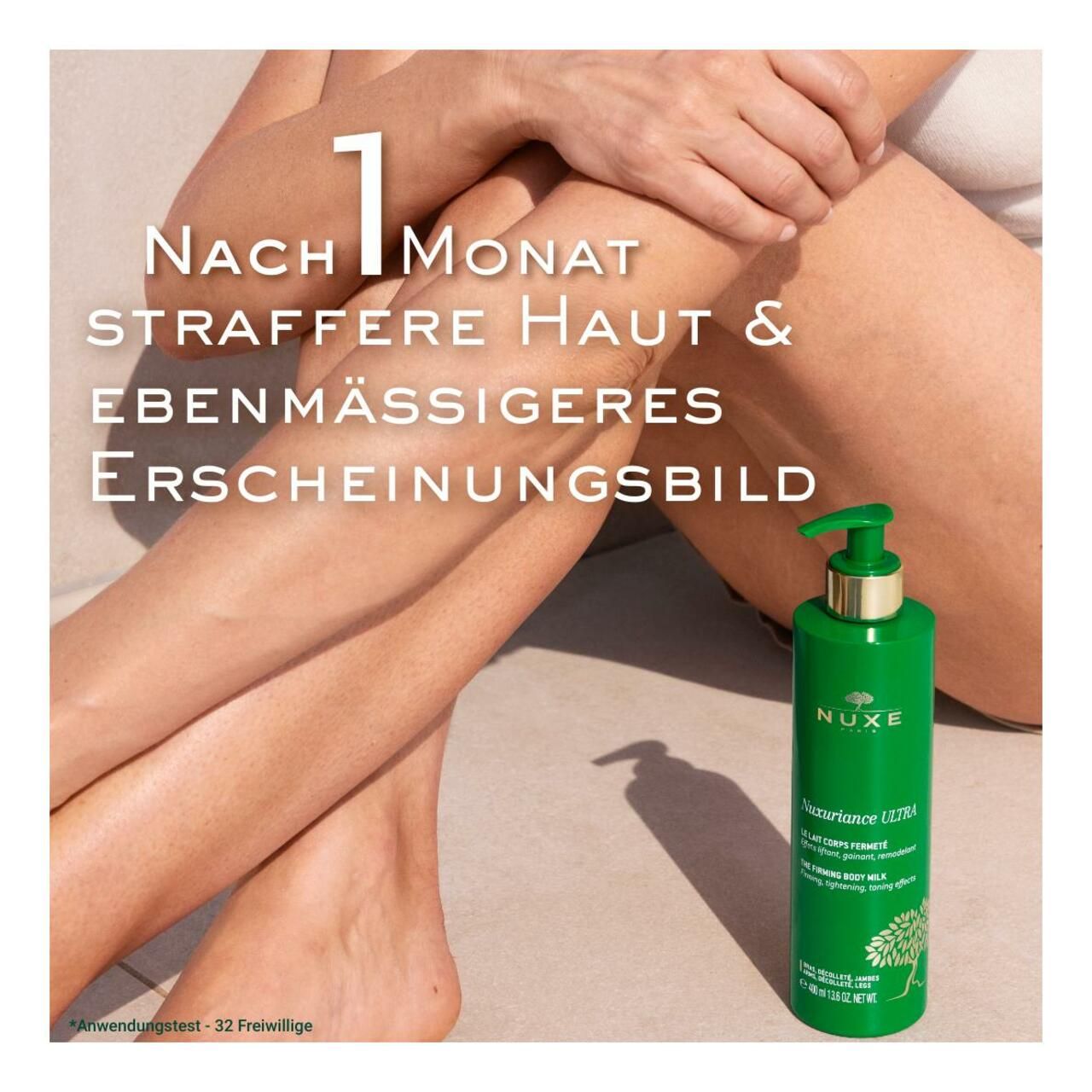 Beine einer Frau. NUXE Nuxuriance® ULTRA Körpermilch. Text: Straffere Haut & ebenmässigeres Erscheinungsbild.