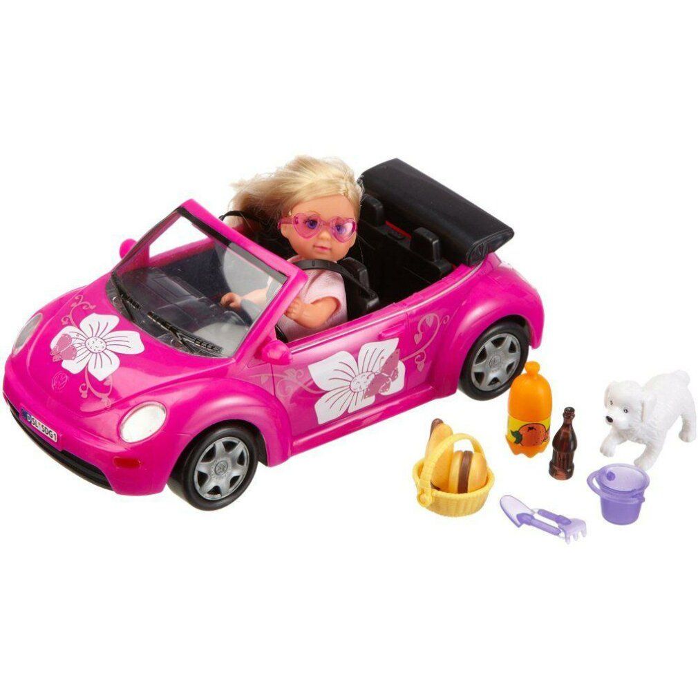Rosa Spielzeugauto mit Puppe, Hund und Zubehör. Puppe mit Sonnenbrille. Zubehör: Körbchen, Flaschen.