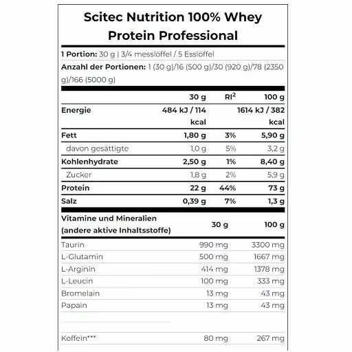 Nährwerttabelle von Scitec 100% Whey Protein Professional. Angaben zu Energie, Fett, Kohlenhydraten, Protein, Salz, Vitaminen und Mineralien, Aminosäuren.