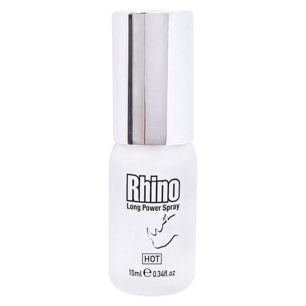 Sprayflasche mit silberner Kappe. Marke: Rhino Long Power Spray. 10ml. Logo HOT.
