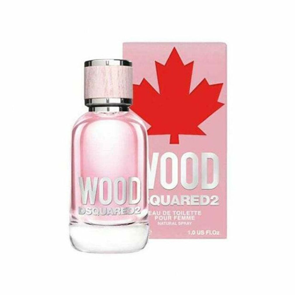 Dsquared2 Wood Eau de Toilette Flakon und Verpackung für Damen, rosa mit rotem Ahornblatt.