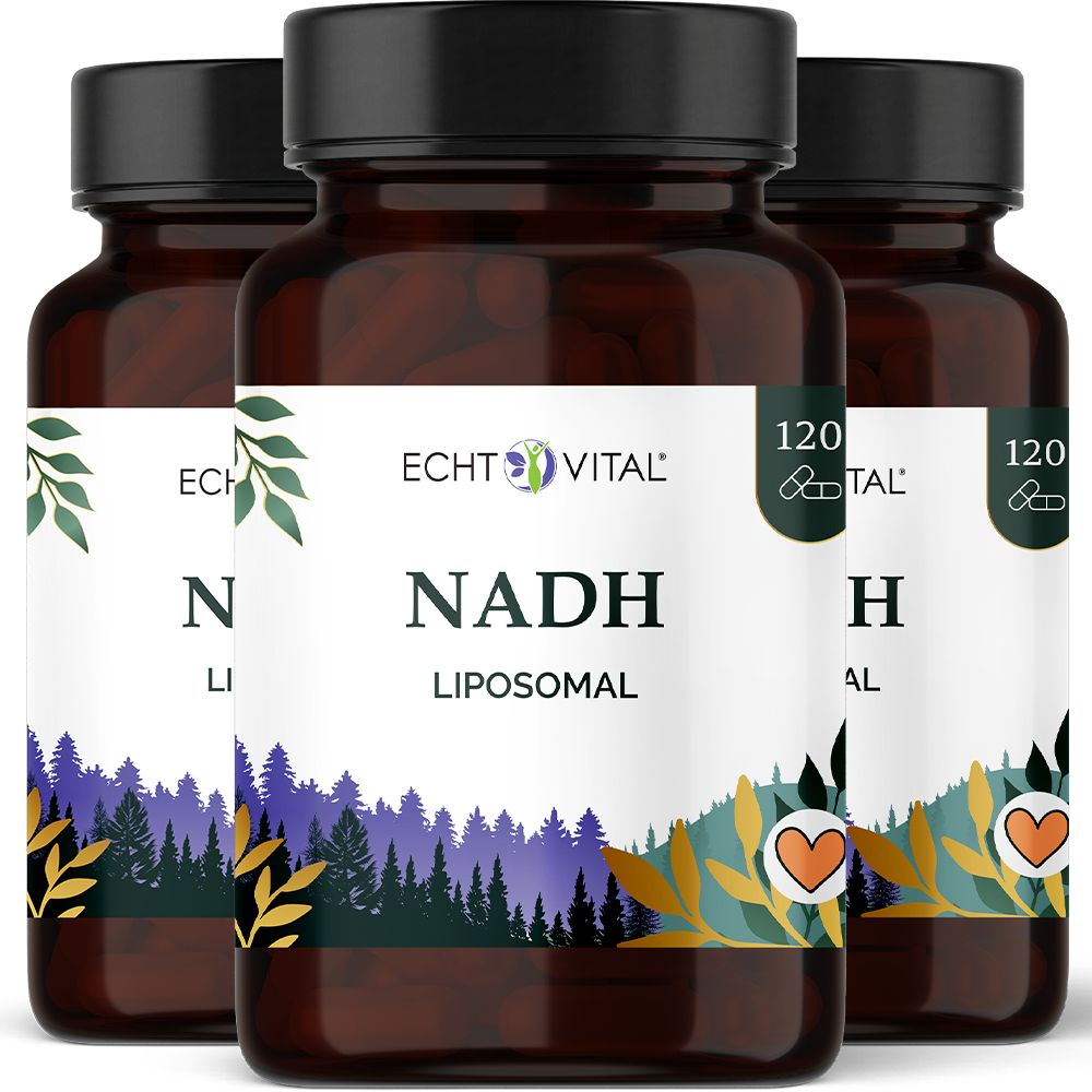 Drei Flaschen Echt Vital Liposomales NADH mit Wald- und Herz-Motiv. Enthält 120 Kapseln.