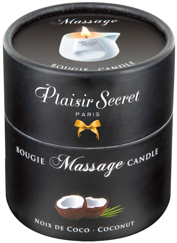 Zylindrische Verpackung mit Massagekerze. Aufschrift: Plaisir Secret PARIS, Bougie Massage Candle, Kokosnuss.