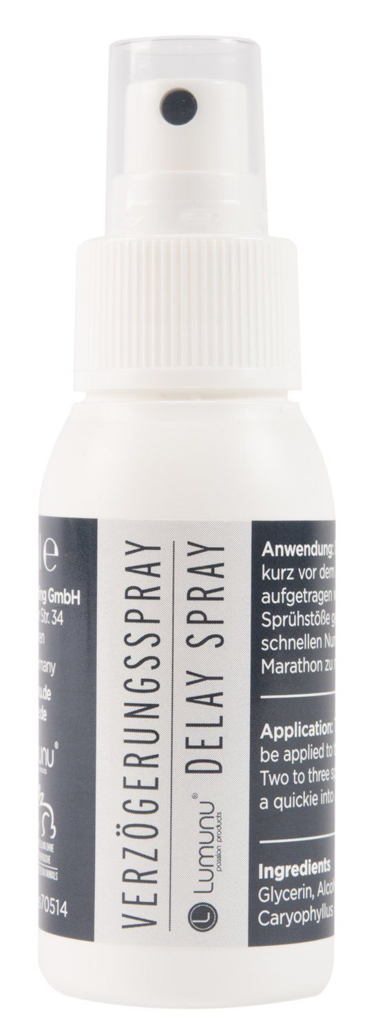 Weiße Sprühflasche mit der Aufschrift "Verzögerungsspray Delay Spray".