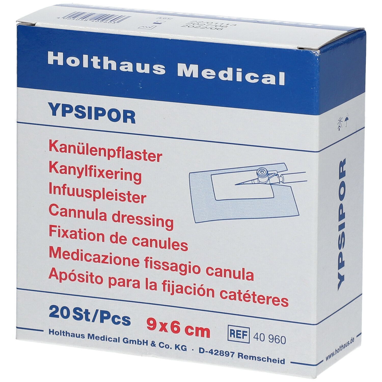 Karton mit YPSIPOR Kanülenpflaster. Blaue und weiße Verpackung. Enthält 20 Stück, 9x6 cm. Holthaus Medical.