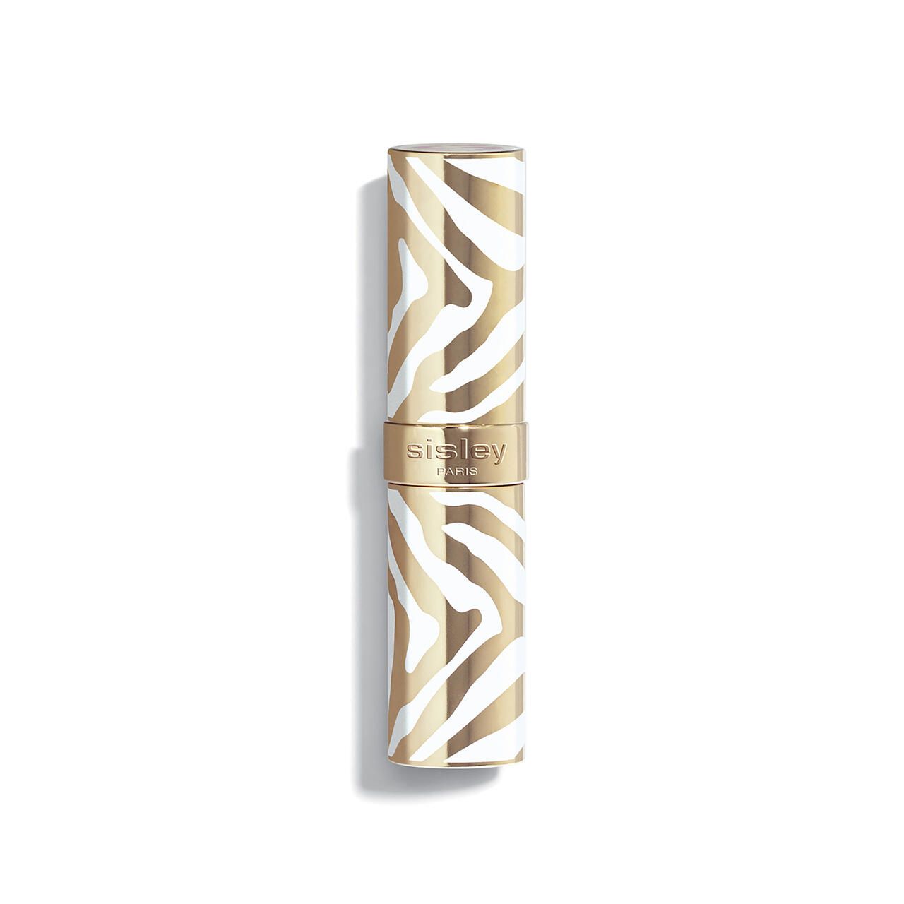 Geschlossener Lippenstift mit goldfarbenem Gehäuse und Zebra-Muster. Der Lippenstift ist vollständig geschlossen.