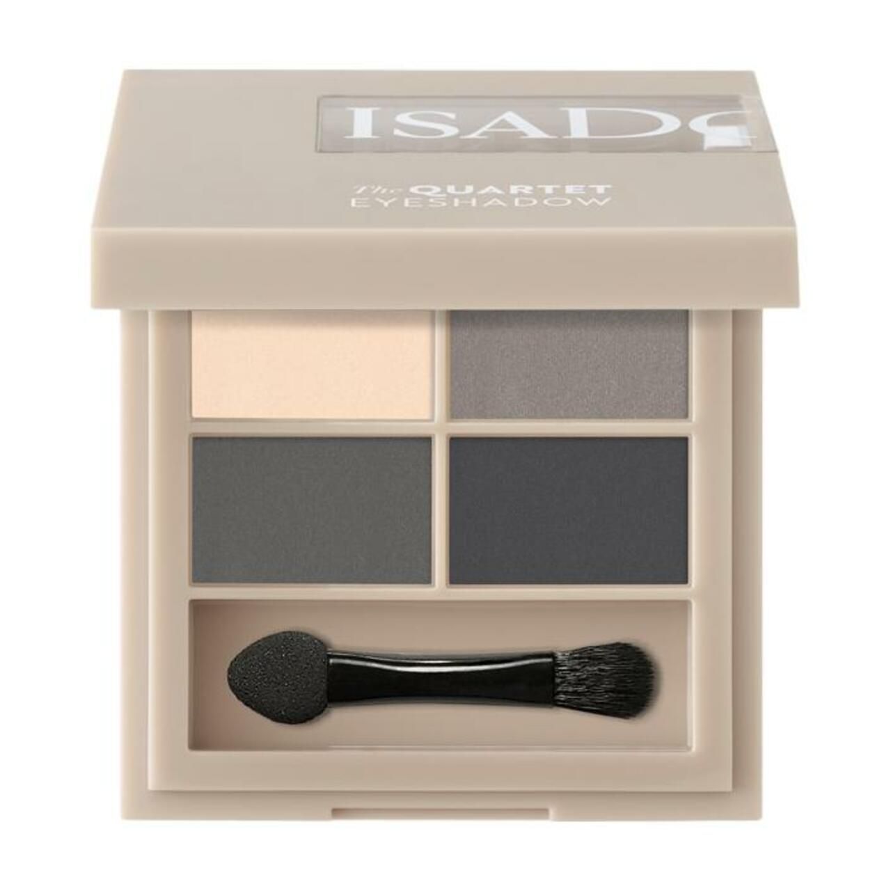 IsaDora The Eyeshadow Quartet. Lidschatten-Palette mit vier Grautönen und Applikator. Beige Verpackung, offene Ansicht.
