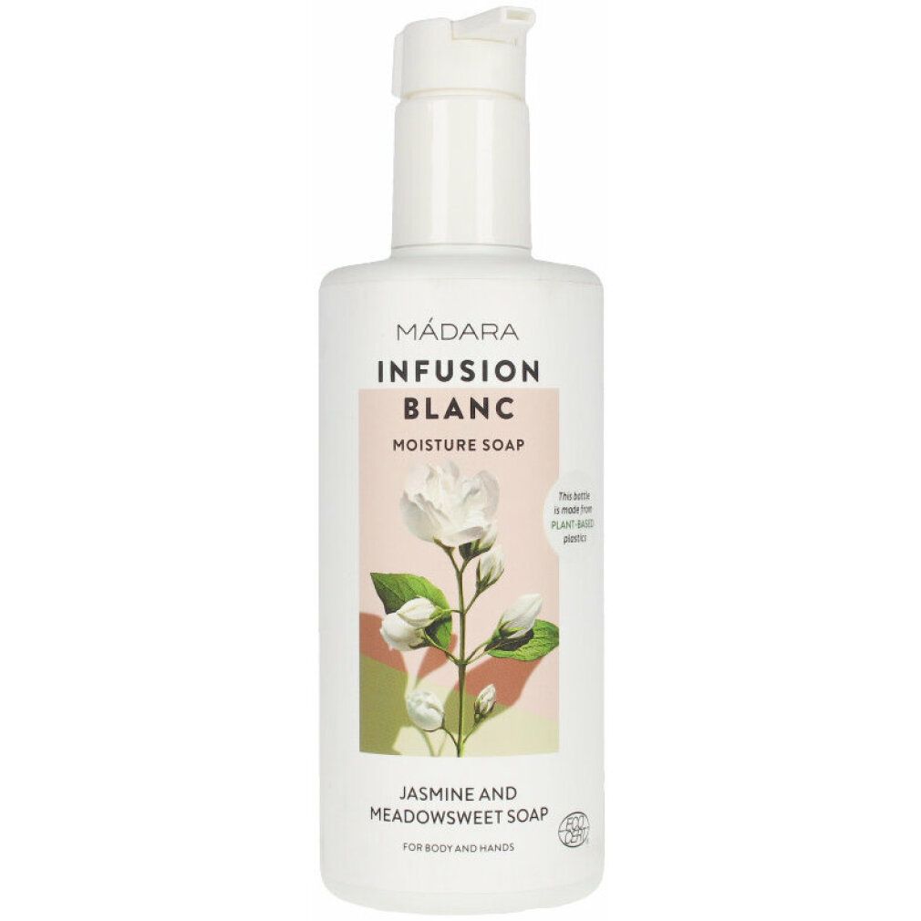 Weiße Flasche mit Klappverschluss. Aufschrift: MÁDARA, INFUSION BLANC, Moisture Soap. Abbildung: weiße Blume. Text: Jasmin und Mädesüß Seife.