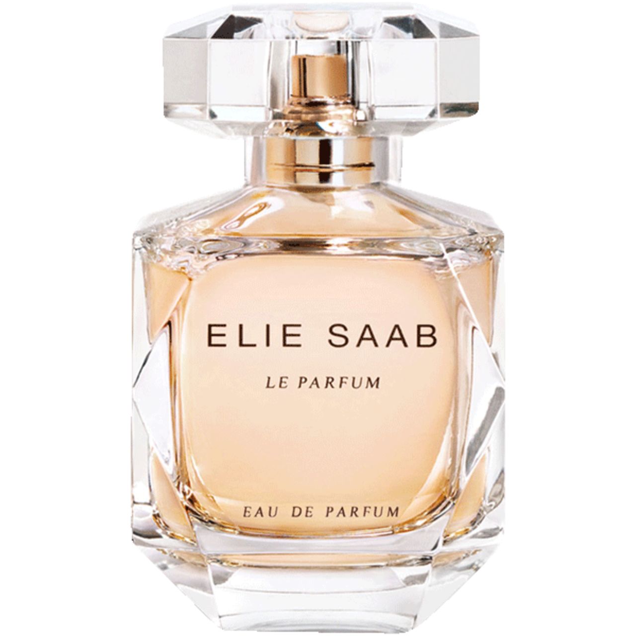 Parfümflakon mit transparentem, facettiertem Deckel. Aufschrift: ELIE SAAB LE PARFUM. Eau de Parfum.