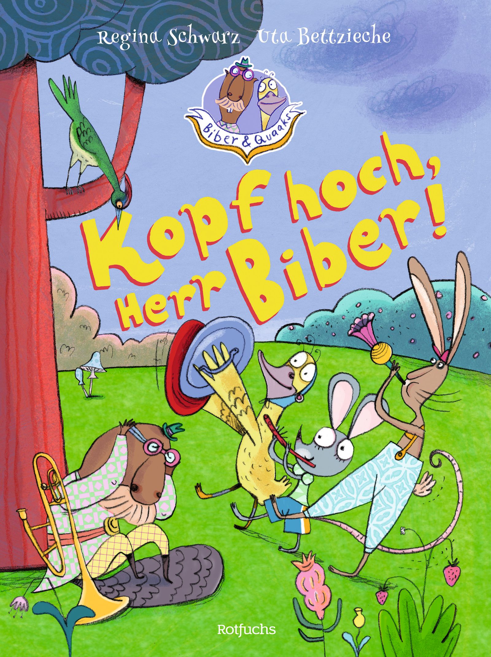 Buchcover mit Titel "Kopf hoch, Herr Biber!". Illustration von Tieren, die musizieren. Logo "Biber & Quaaks".