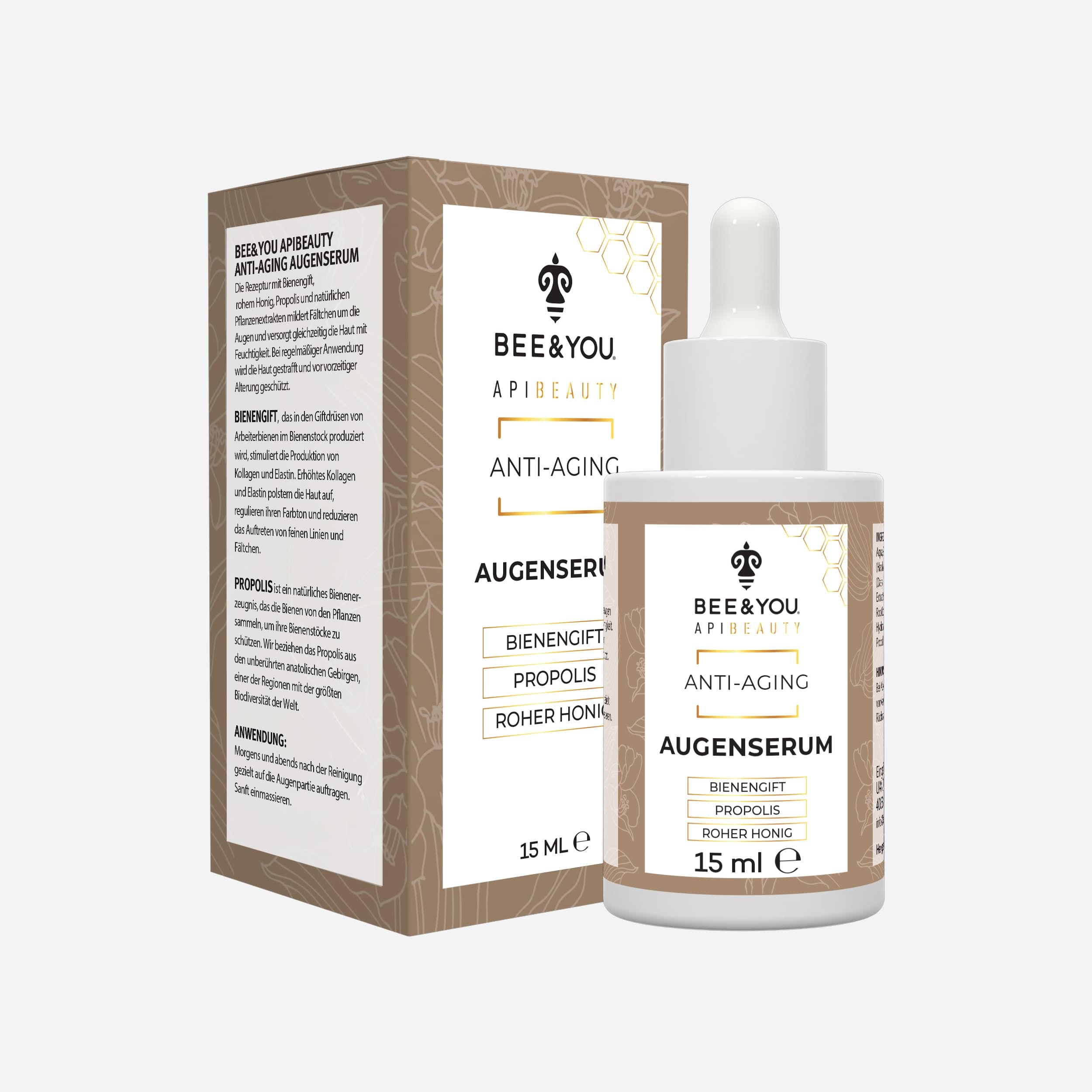 Augenserum mit Verpackung. Braune und weiße Flasche mit Etikett. Text: Anti-Aging, Bienengift, Propolis, 15 ml.