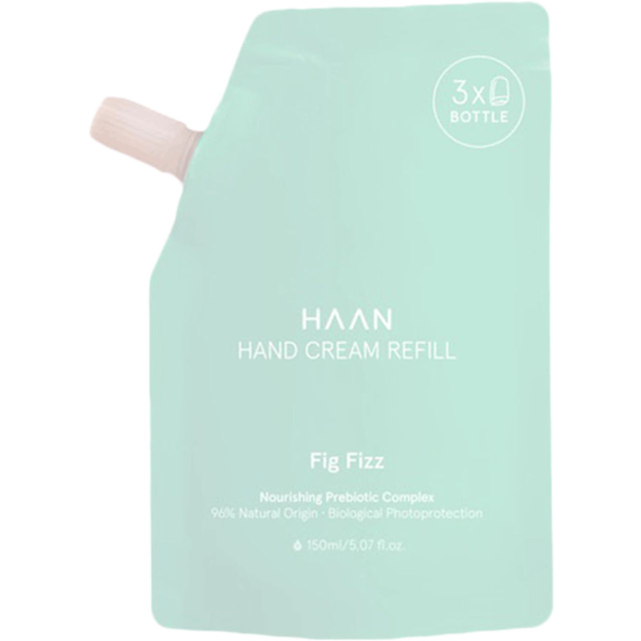 Nachfüllpackung für Handcreme, hellgrün. Mit Aufschrift HAAN, Fig Fizz. Enthält 3 Flaschen. 150ml.
