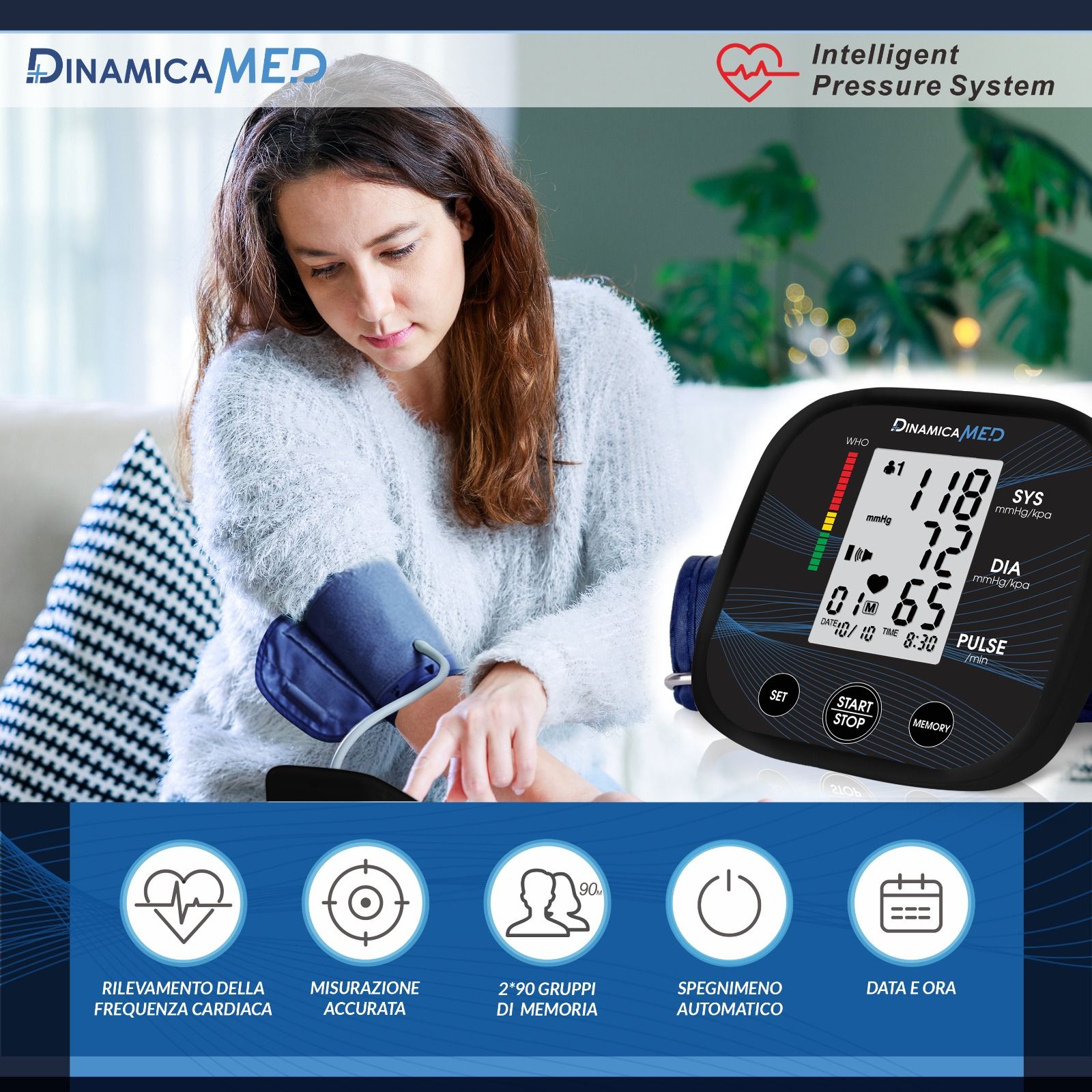 Dinamicamed A-158 Digitales Blutdruckmessgerät Oberarm, 2 Benutzerprofile je 90 Speicherplätze