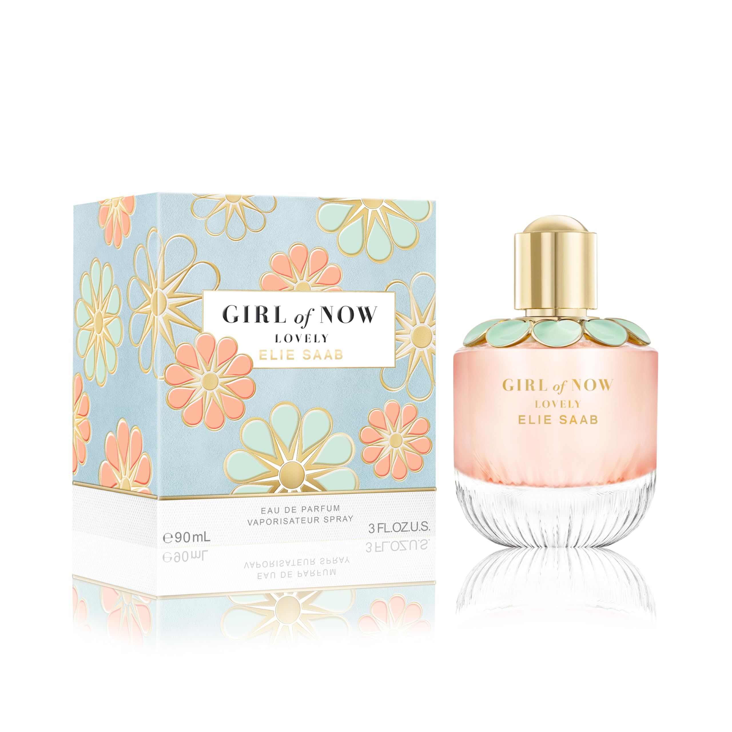Elie Saab Girl of Now Lovely EdP Nat. Spray. Flakon und Verpackung. Hellblauer Karton mit Blumenmuster. Flakon rosa.