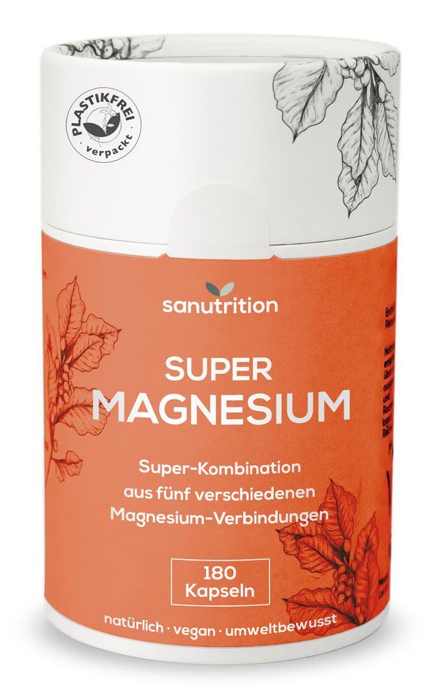 Zylindrische Dose mit orangefarbener Etikettierung. Aufschrift: Super Magnesium, 180 Kapseln. Plastikfrei verpackt.