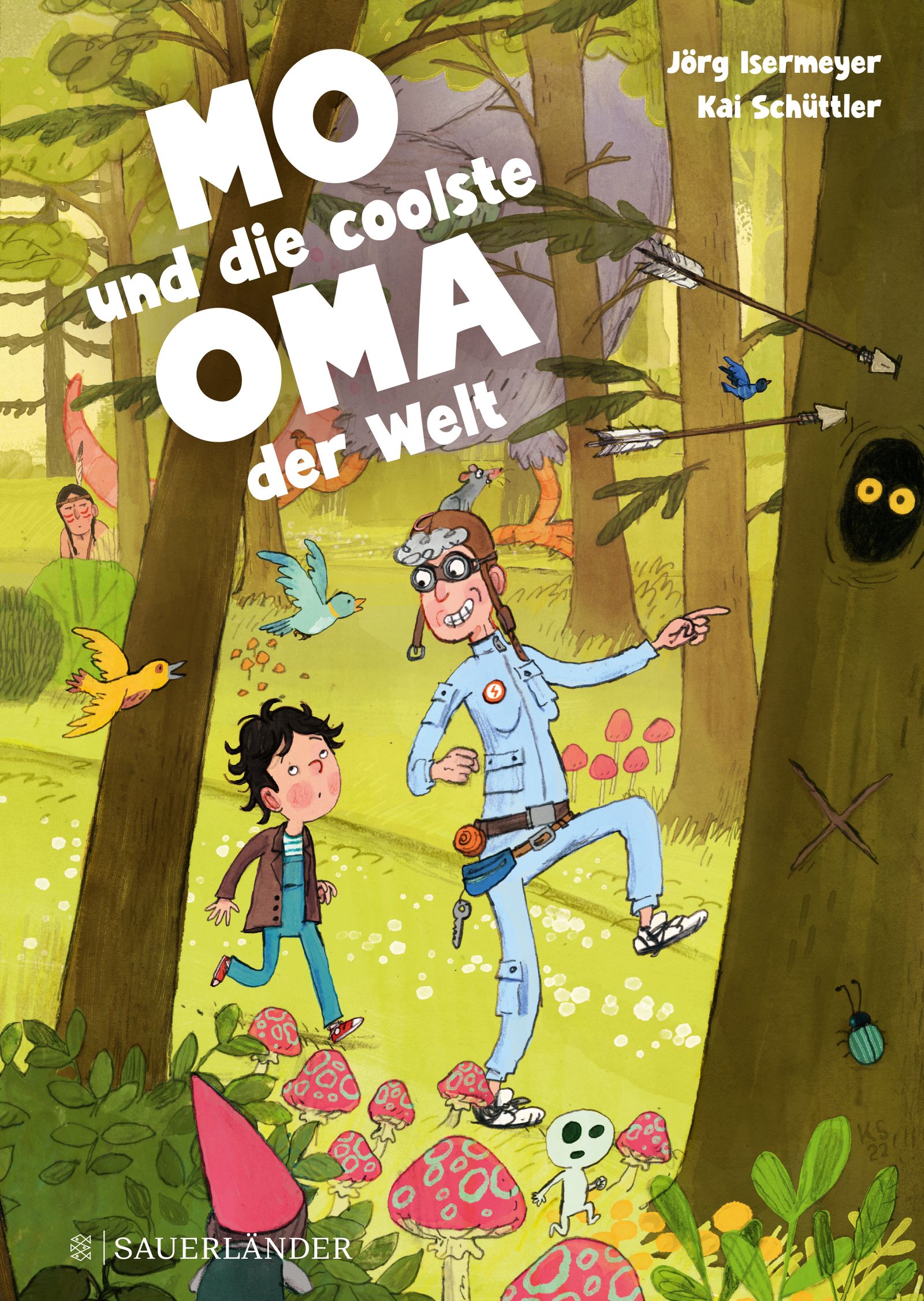 Buchcover: Titel "Mo und die coolste Oma der Welt". Illustration mit Figuren in Waldszene.