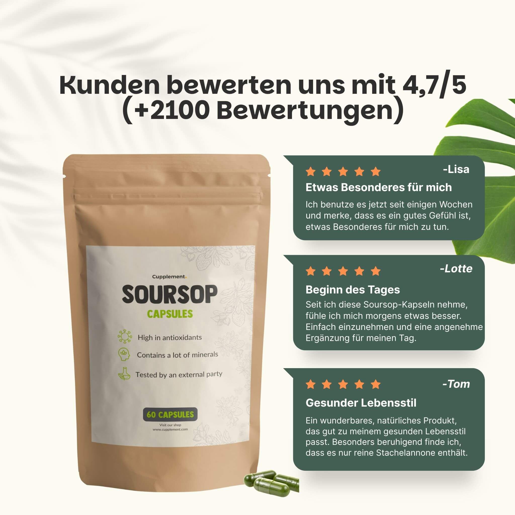Braune Beutelverpackung mit weißem Etikett. Text: Soursop Capsules, 60 Kapseln. Kundenbewertung 4,7/5. 3 Testimonials.
