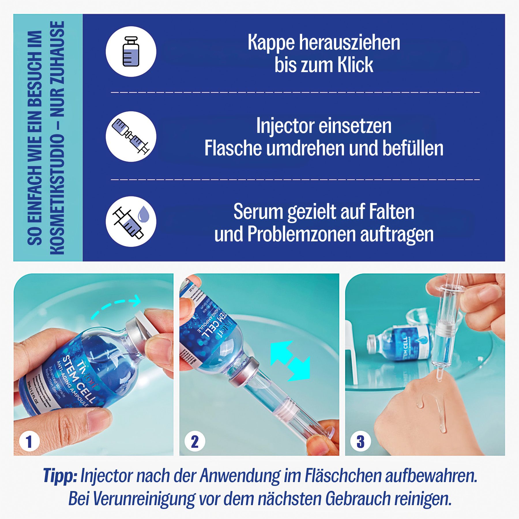 Anwendung der TivLon Stem Cell Anti-Aging Ampulle: Kappe ziehen, Injector einsetzen, Serum auftragen. Pipette aufbewahren.