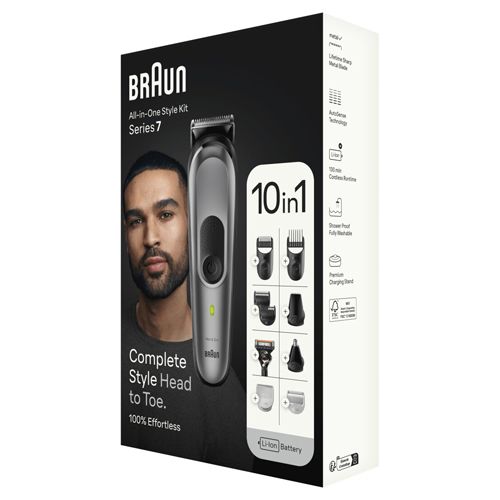 Braun All-in-One Style Kit Series 7. Verpackung mit Trimmer, Zubehör und Mann. 10-in-1-Funktion. Schwarze und silberne Farben. "Complete Style Head to Toe".