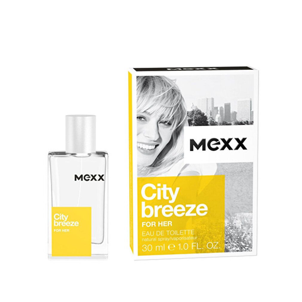 Flakon und Verpackung. Flakon mit silbernem Deckel. Gelbes Etikett mit 'City breeze FOR HER'. Verpackung mit Frau.